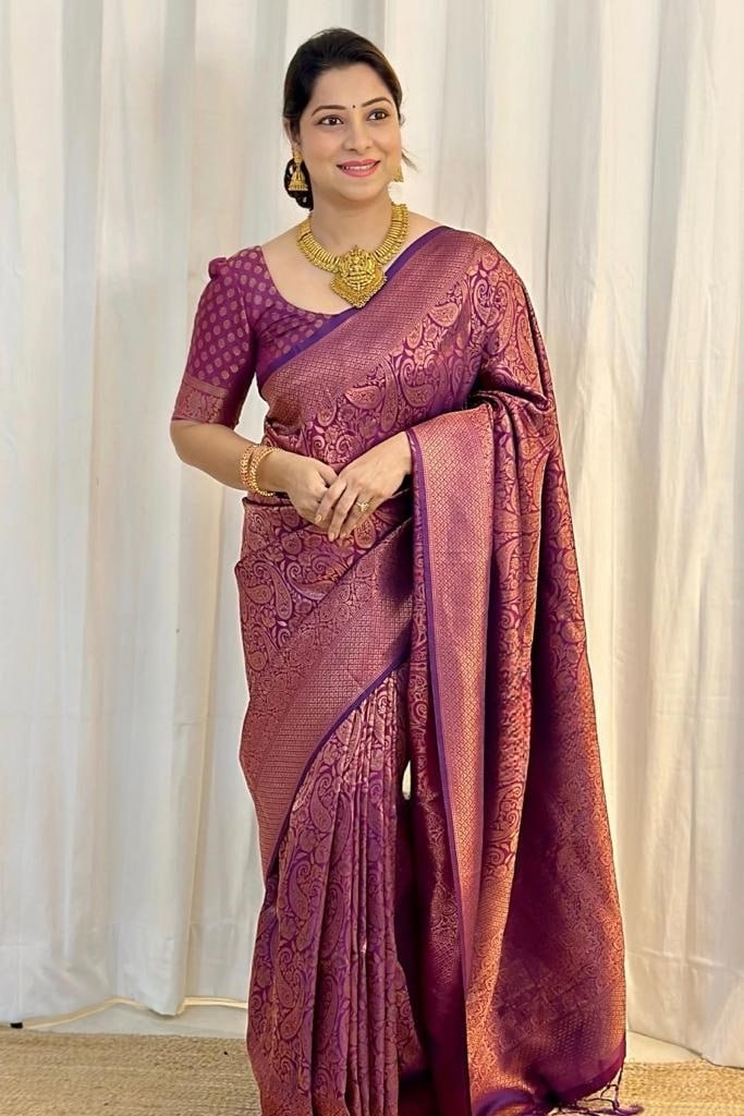 Banarasi Soft Silk Purple Saree with Exquisite Copper Zari Weaving Colorful Saree