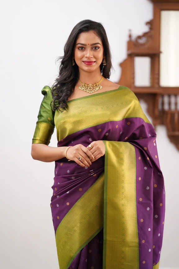 Banarasi Soft Silk Purple Saree with Copper & Silver Zari Weaving Colorful Saree