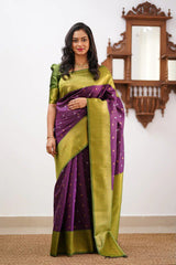 Banarasi Soft Silk Purple Saree with Copper & Silver Zari Weaving Colorful Saree