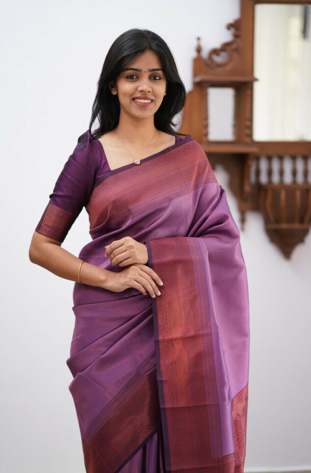 Banarasi Soft Silk Purple Saree with Exquisite Copper Zari Weaving Colorful Saree