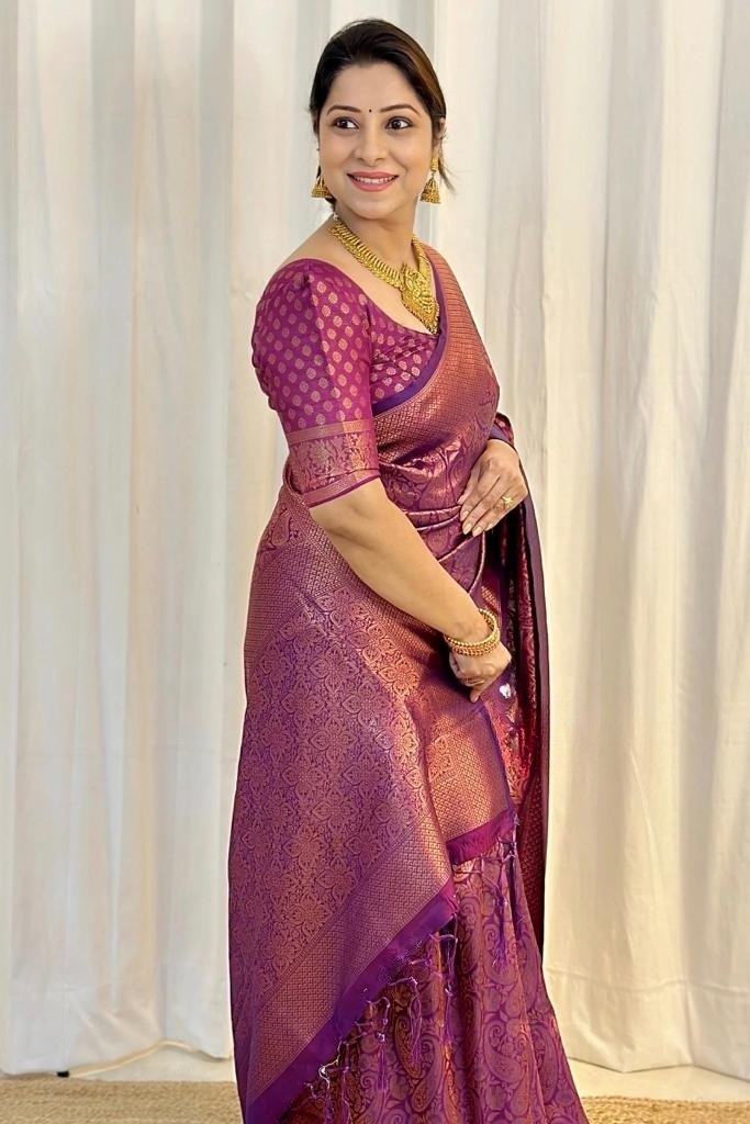 Banarasi Soft Silk Purple Saree with Exquisite Copper Zari Weaving Colorful Saree