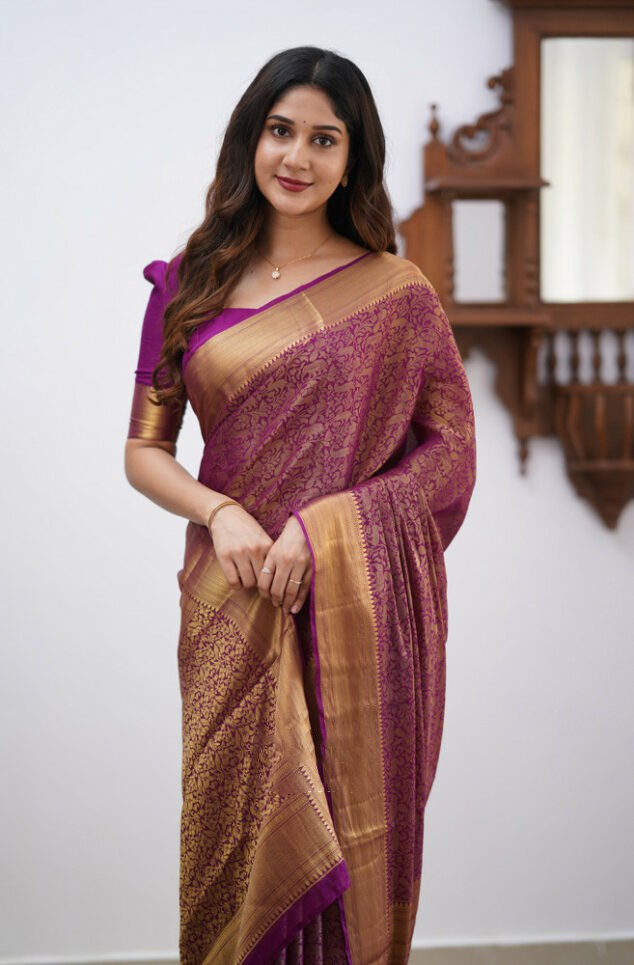 Banarasi Soft Silk Purple Saree with Matching Blouse Piece Colorful Saree