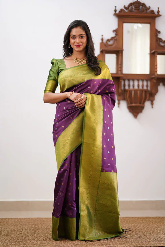 Banarasi Soft Silk Purple Saree with Copper & Silver Zari Weaving Colorful Saree