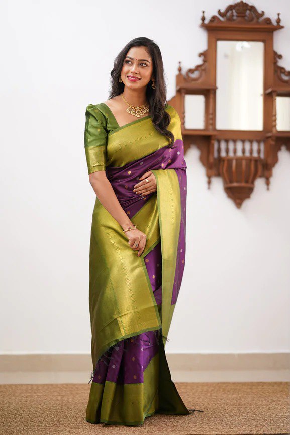 Banarasi Soft Silk Purple Saree with Copper & Silver Zari Weaving Colorful Saree