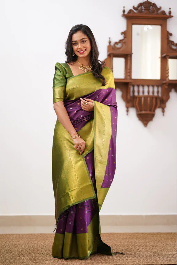 Banarasi Soft Silk Purple Saree with Copper & Silver Zari Weaving Colorful Saree