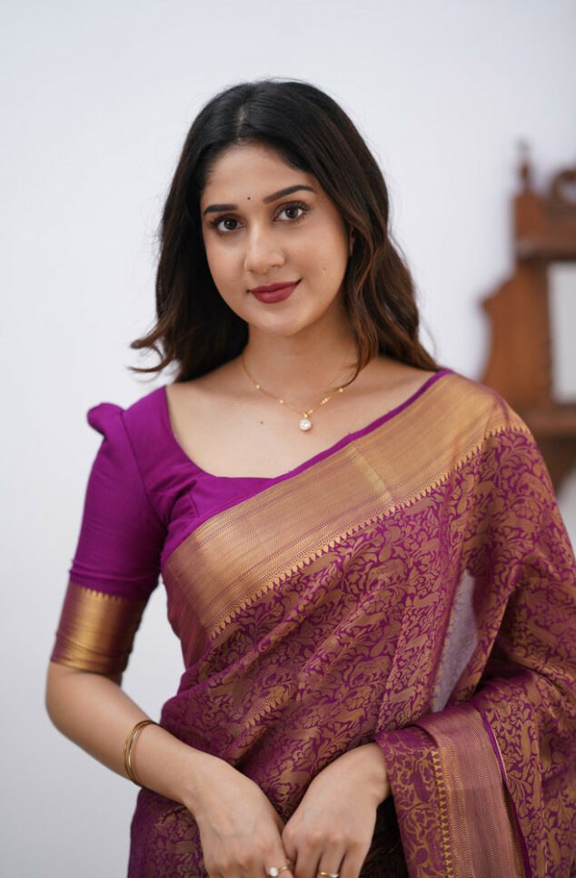 Banarasi Soft Silk Purple Saree with Matching Blouse Piece Colorful Saree