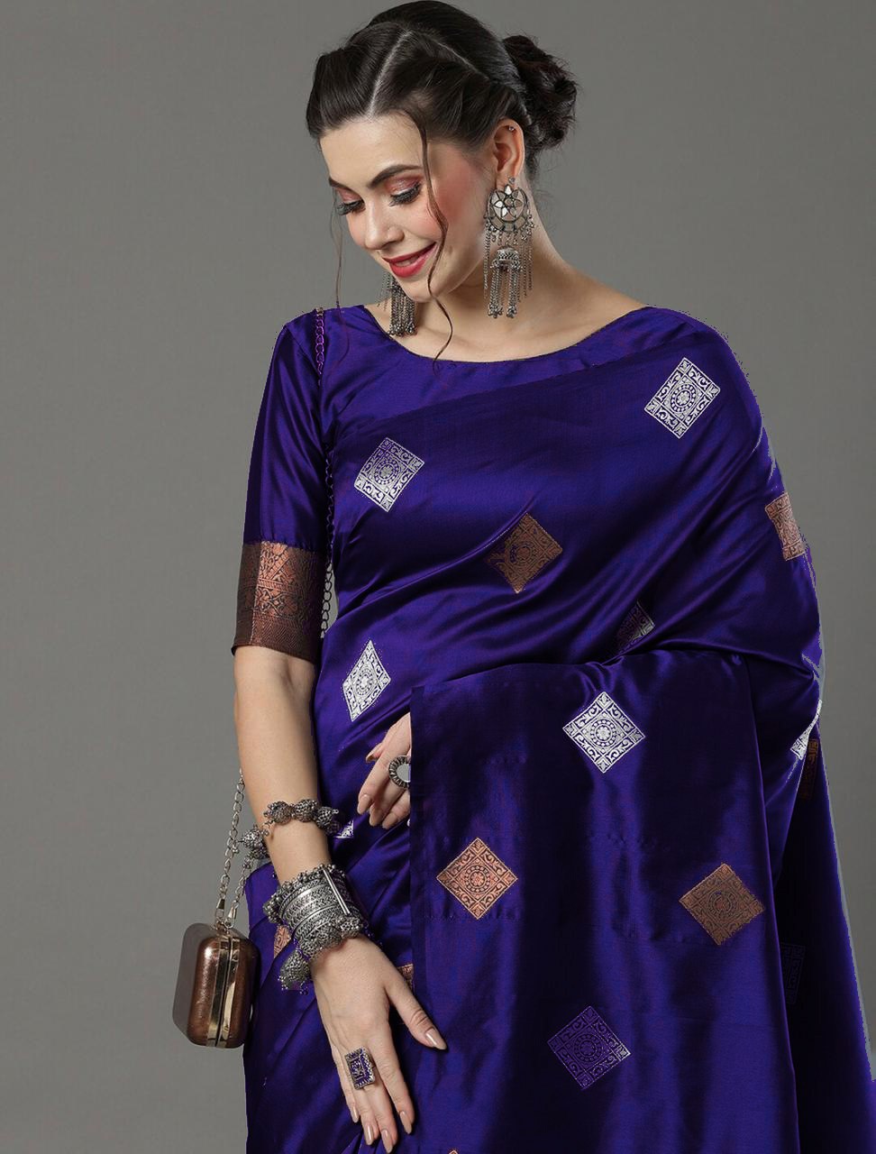 Banarasi Soft Silk Purple Saree with Exquisite Copper & Silver Zari Weaving Colorful Saree