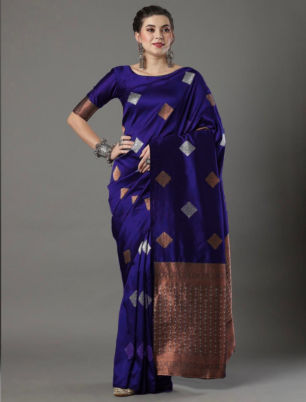 Banarasi Soft Silk Purple Saree with Exquisite Copper & Silver Zari Weaving Colorful Saree