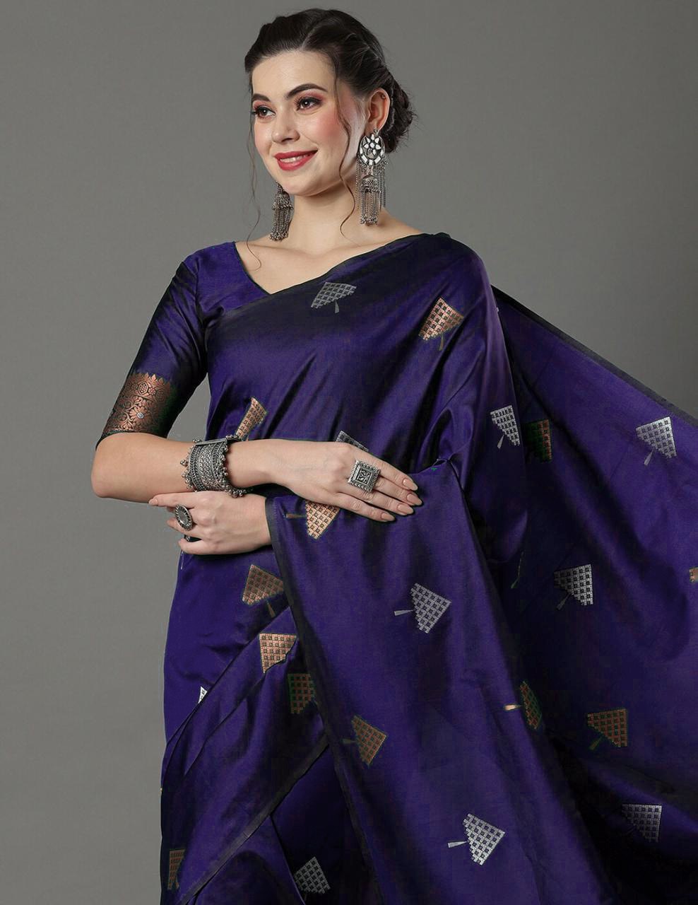 Banarasi Soft Silk Purple Saree with Exquisite Copper & Silver Zari Weaving Colorful Saree