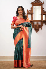 Banarasi Soft Silk Rama Color Saree with Copper & Silver Zari Weaving Colorful Saree