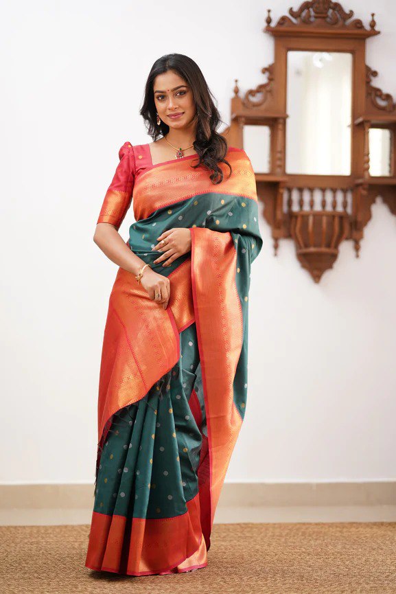 Banarasi Soft Silk Rama Color Saree with Copper & Silver Zari Weaving Colorful Saree