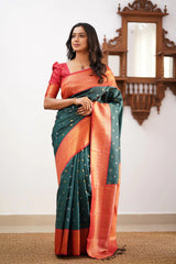 Banarasi Soft Silk Rama Color Saree with Copper & Silver Zari Weaving Colorful Saree