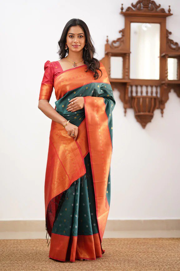 Banarasi Soft Silk Rama Color Saree with Copper & Silver Zari Weaving Colorful Saree