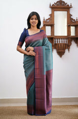 Banarasi Soft Silk Rama Color Saree with Exquisite Copper Zari Weaving Colorful Saree