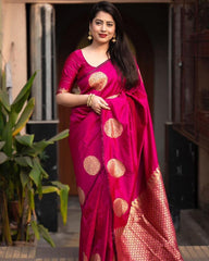 Banarasi Soft Silk Rani Pink Saree with Exquisite Gold Zari Weaving Colorful Saree