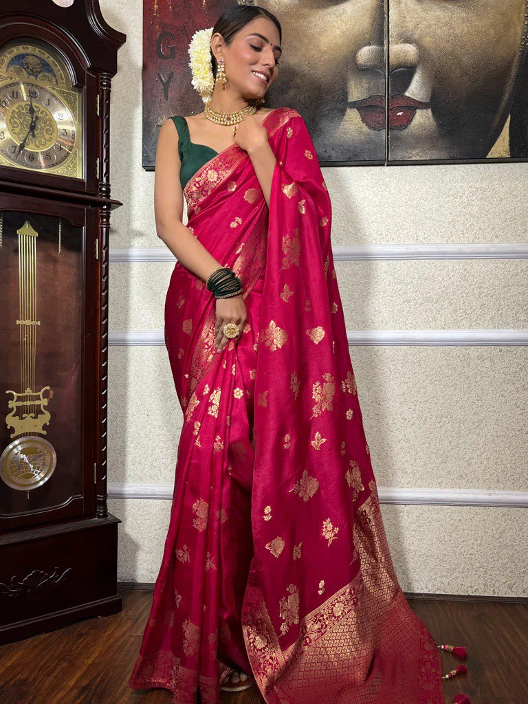 Banarasi Soft Silk Rani Pink Saree with Exquisite Gold Zari Weaving Colorful Saree