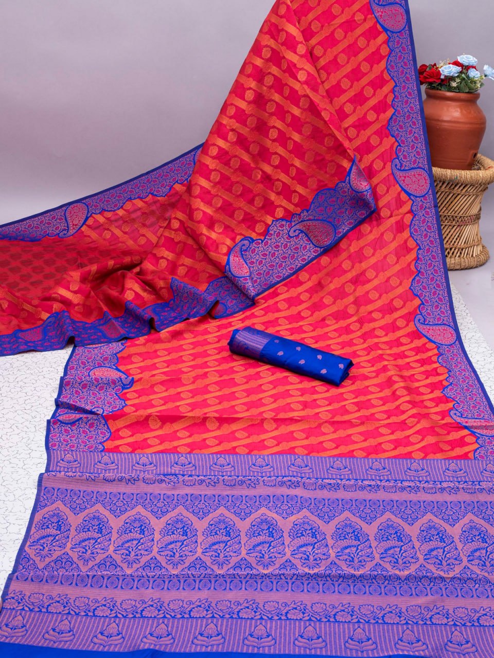 Banarasi Soft Silk Rani Pink Saree with 5.5 Meters of Copper Zari Weaving Colorful Saree