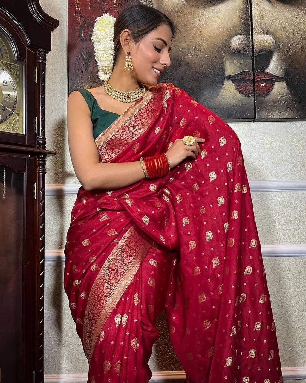 Banarasi Soft Silk Red Saree with Pure Copper Zari Weaving & Heavy Brocade Blouse Colorful Saree