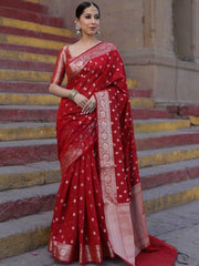 Banarasi Soft Silk Red Saree with Matching Blouse Piece Colorful Saree