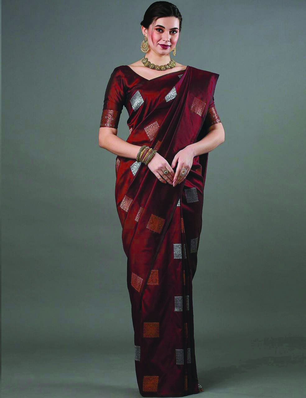 Banarasi Soft Silk Red Saree with Exquisite Copper & Silver Zari Weaving Colorful Saree