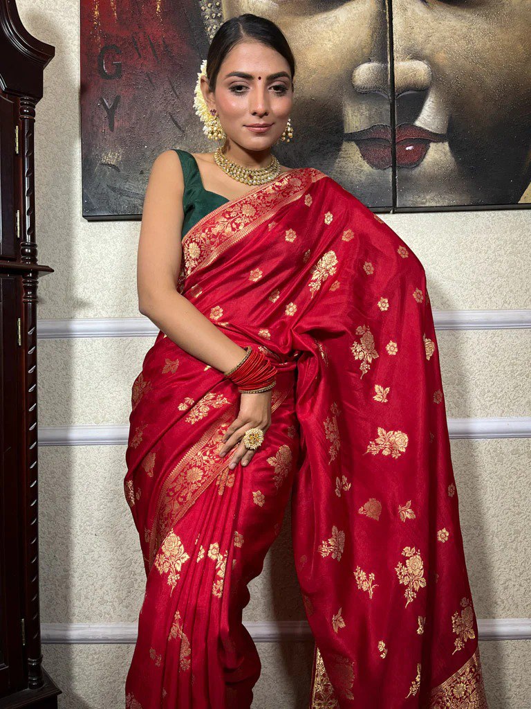 Banarasi Soft Silk Red Saree with Exquisite Gold Zari Weaving Colorful Saree