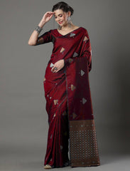 Banarasi Soft Silk Red Saree with Exquisite Copper & Silver Zari Weaving Colorful Saree