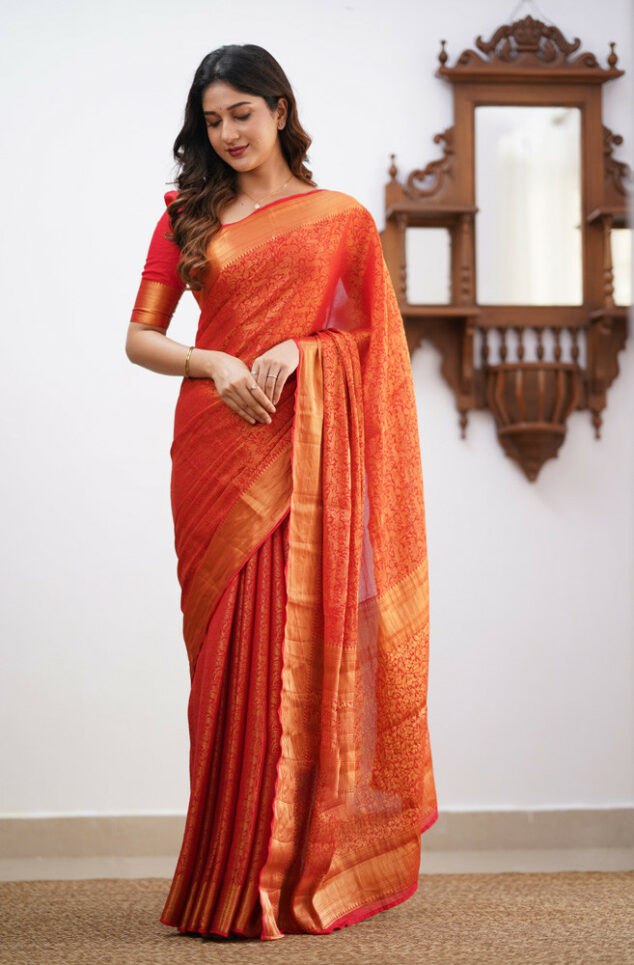 Banarasi Soft Silk Red Saree with Matching Blouse Piece Colorful Saree