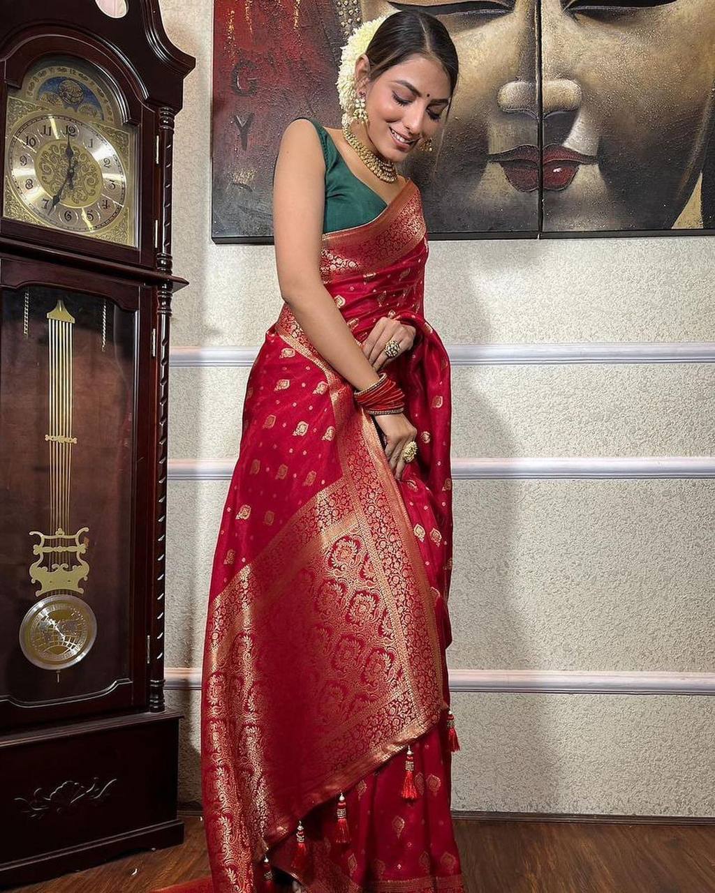 Banarasi Soft Silk Red Saree with Pure Copper Zari Weaving & Heavy Brocade Blouse Colorful Saree