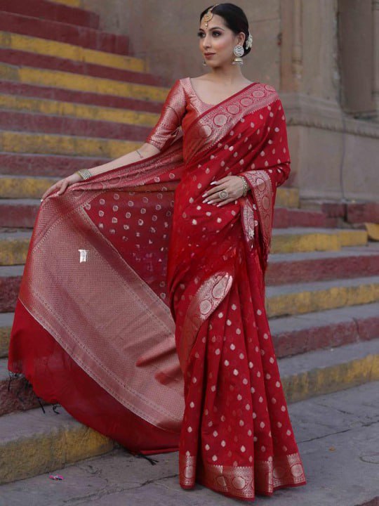 Banarasi Soft Silk Red Saree with Matching Blouse Piece Colorful Saree