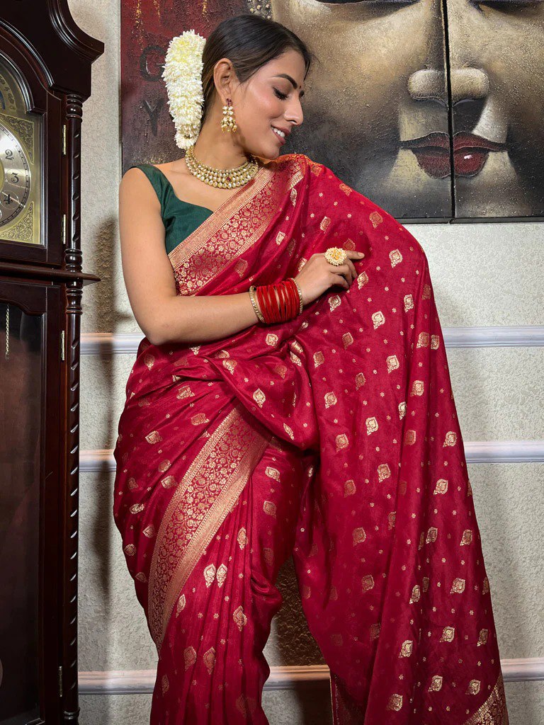 Banarasi Soft Silk Red Saree with Exquisite Gold Zari Weaving Colorful Saree