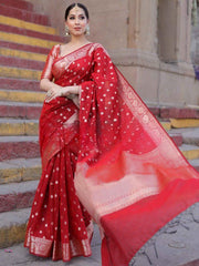 Banarasi Soft Silk Red Saree with Matching Blouse Piece Colorful Saree