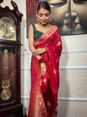 Banarasi Soft Silk Red Saree with Exquisite Gold Zari Weaving Colorful Saree