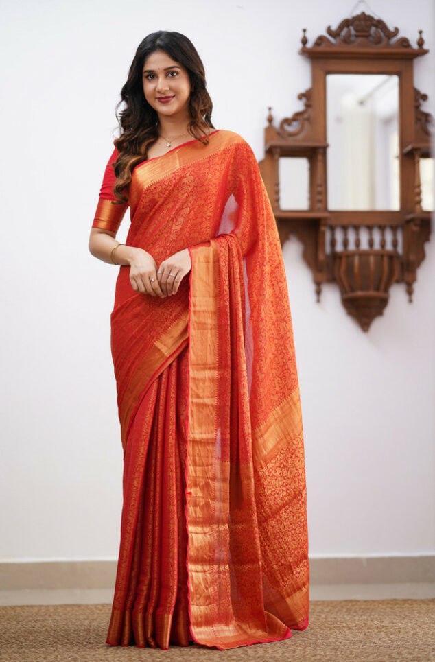 Banarasi Soft Silk Red Saree with Matching Blouse Piece Colorful Saree