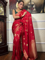 Banarasi Soft Silk Red Saree with Exquisite Gold Zari Weaving Colorful Saree