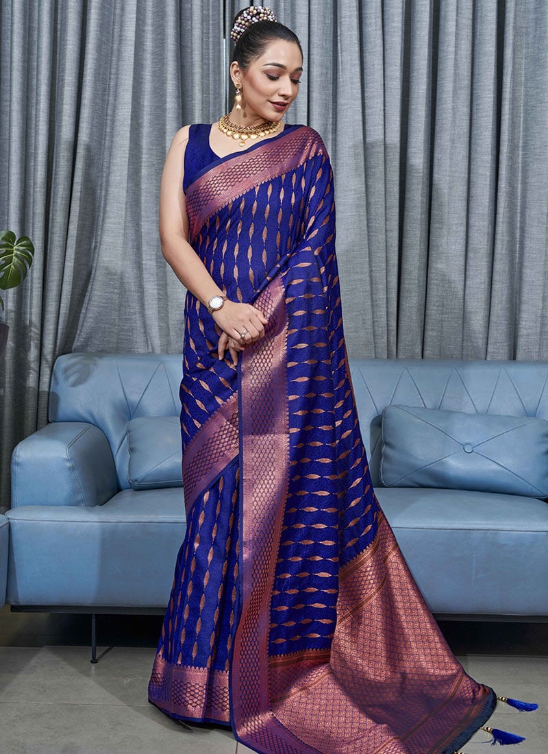 Banarasi Soft Silk Royal Blue Saree with Exquisite Copper Zari Weaving Colorful Saree