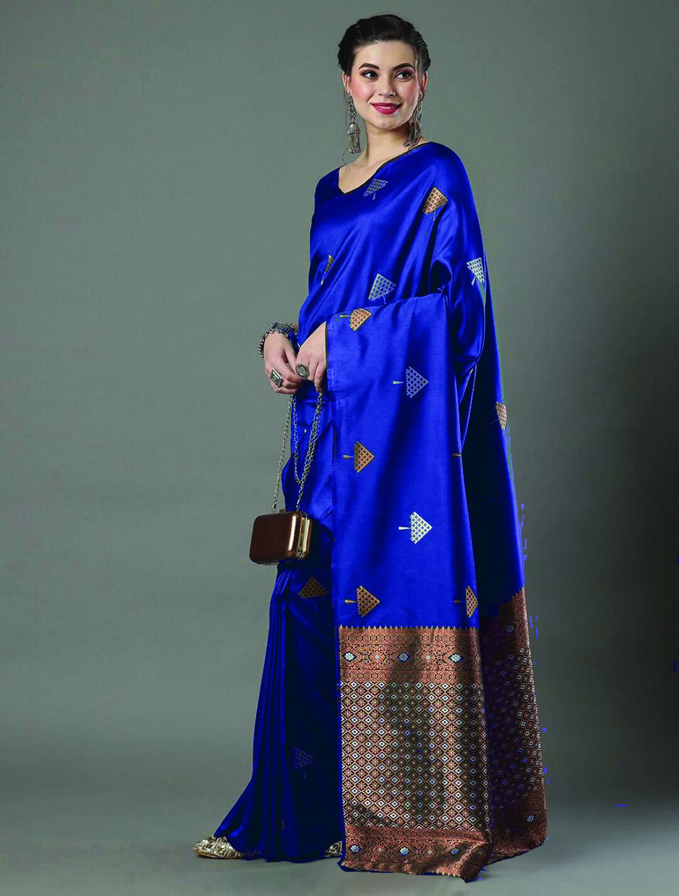 Banarasi Soft Silk Royal Blue Saree with Exquisite Copper & Silver Zari Weaving Colorful Saree