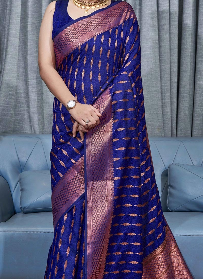 Banarasi Soft Silk Royal Blue Saree with Exquisite Copper Zari Weaving Colorful Saree