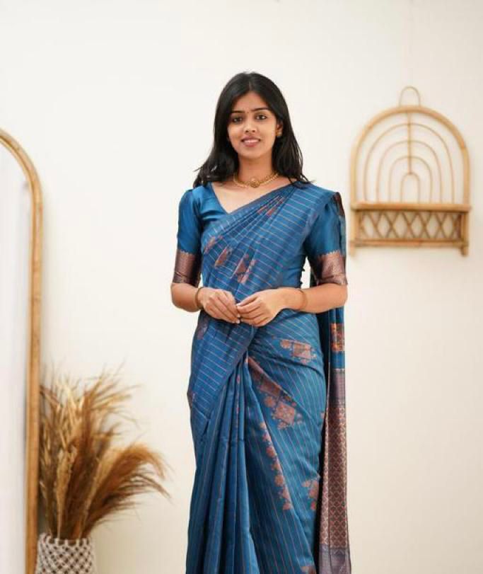 Banarasi Soft Silk Sky Blue Saree with Exquisite Copper Zari Weaving Colorful Saree