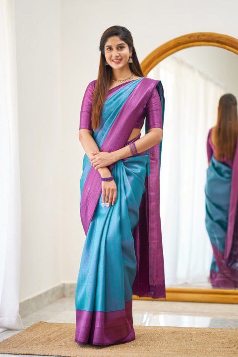 Banarasi Soft Silk Sky Blue Saree with Blouse Piece Colorful Saree