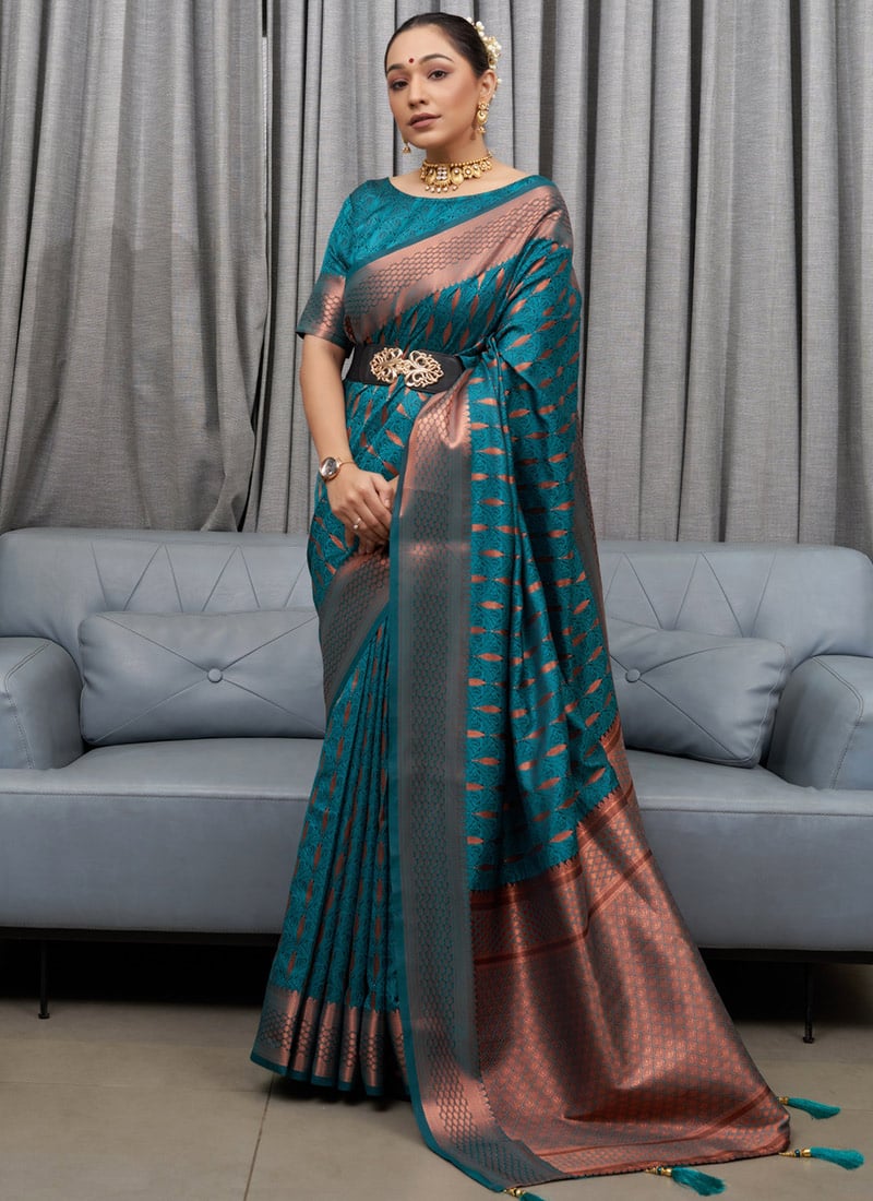 Banarasi Soft Silk Teal Blue Saree with Exquisite Copper Zari Weaving Colorful Saree