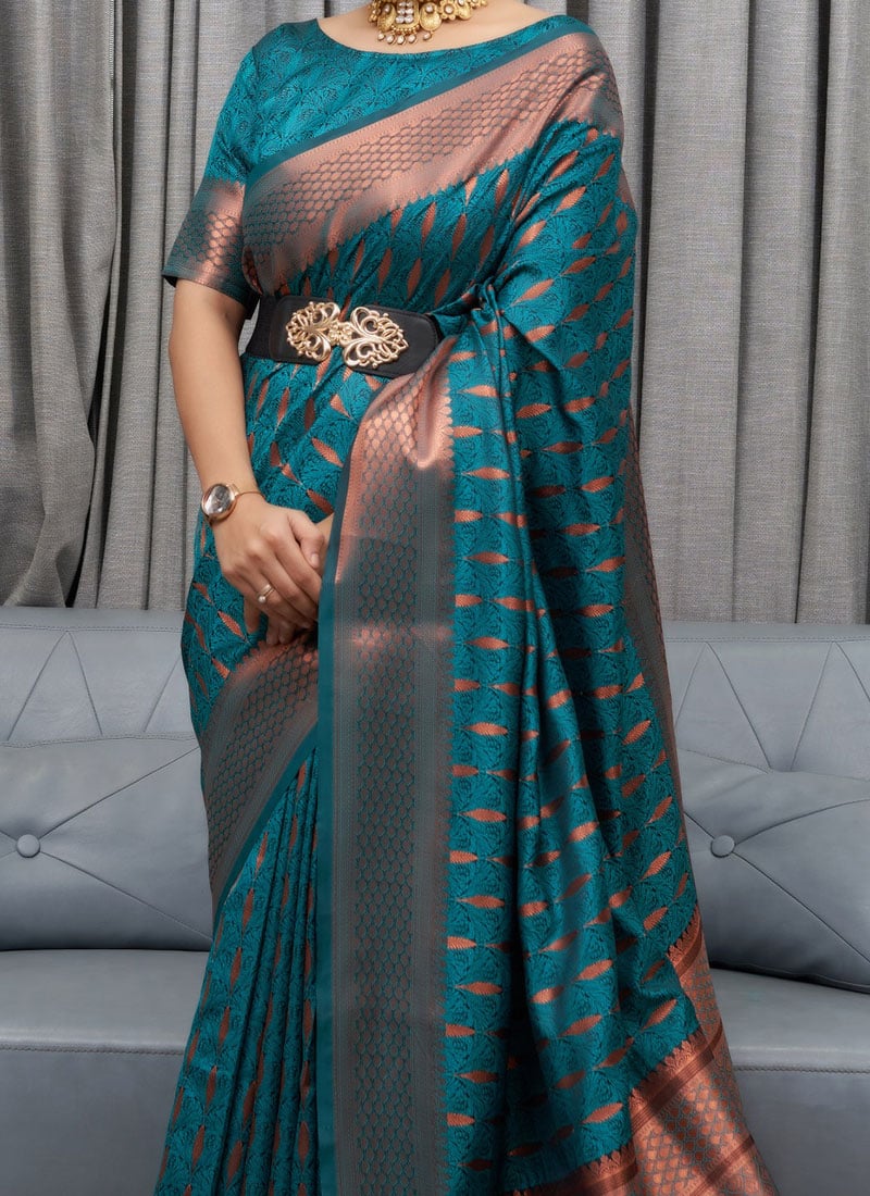 Banarasi Soft Silk Teal Blue Saree with Exquisite Copper Zari Weaving Colorful Saree