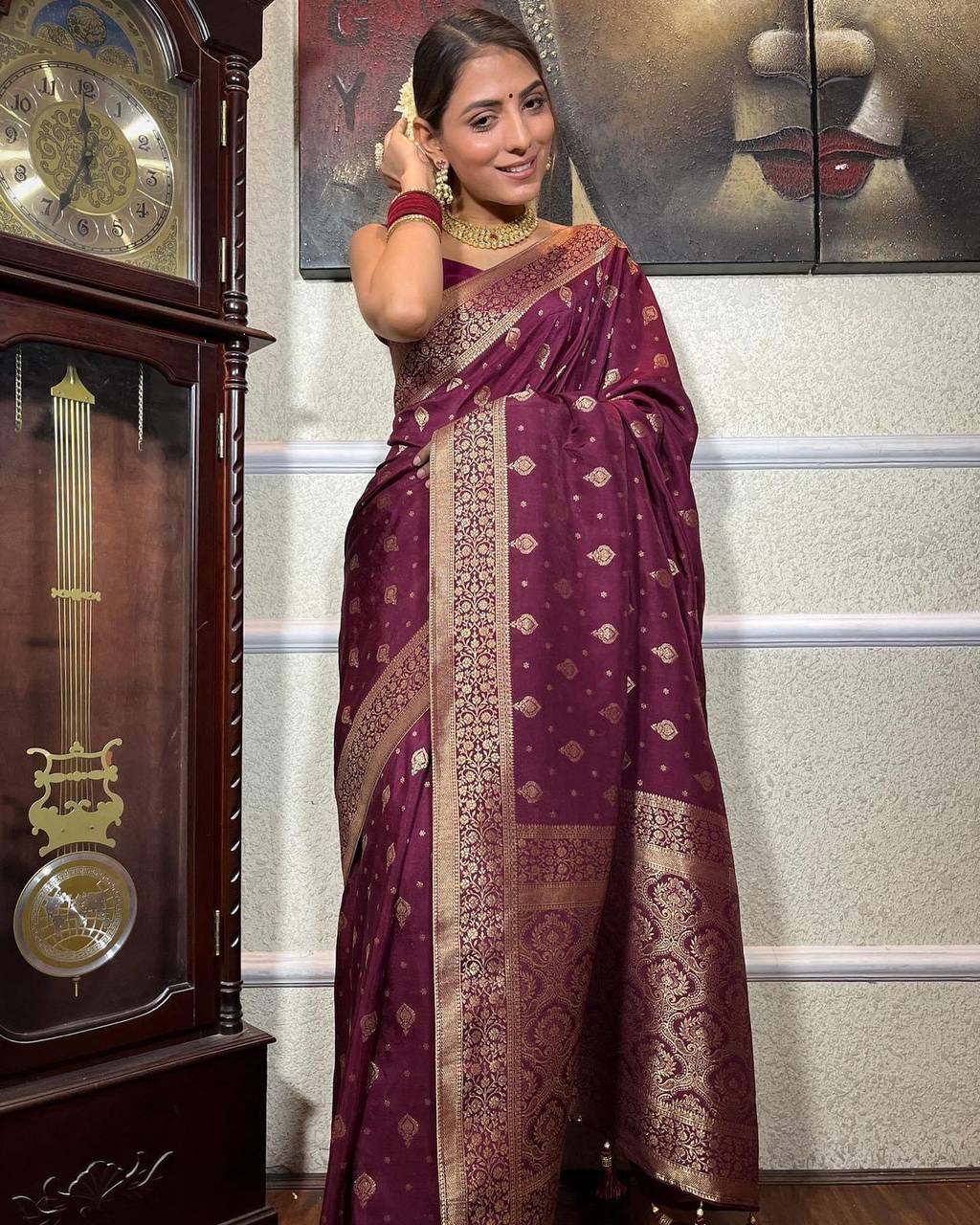 Banarasi Soft Silk Wine Saree with Pure Copper Zari Weaving & Heavy Brocade Blouse Colorful Saree