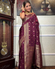 Banarasi Soft Silk Wine Saree with Pure Copper Zari Weaving & Heavy Brocade Blouse Colorful Saree