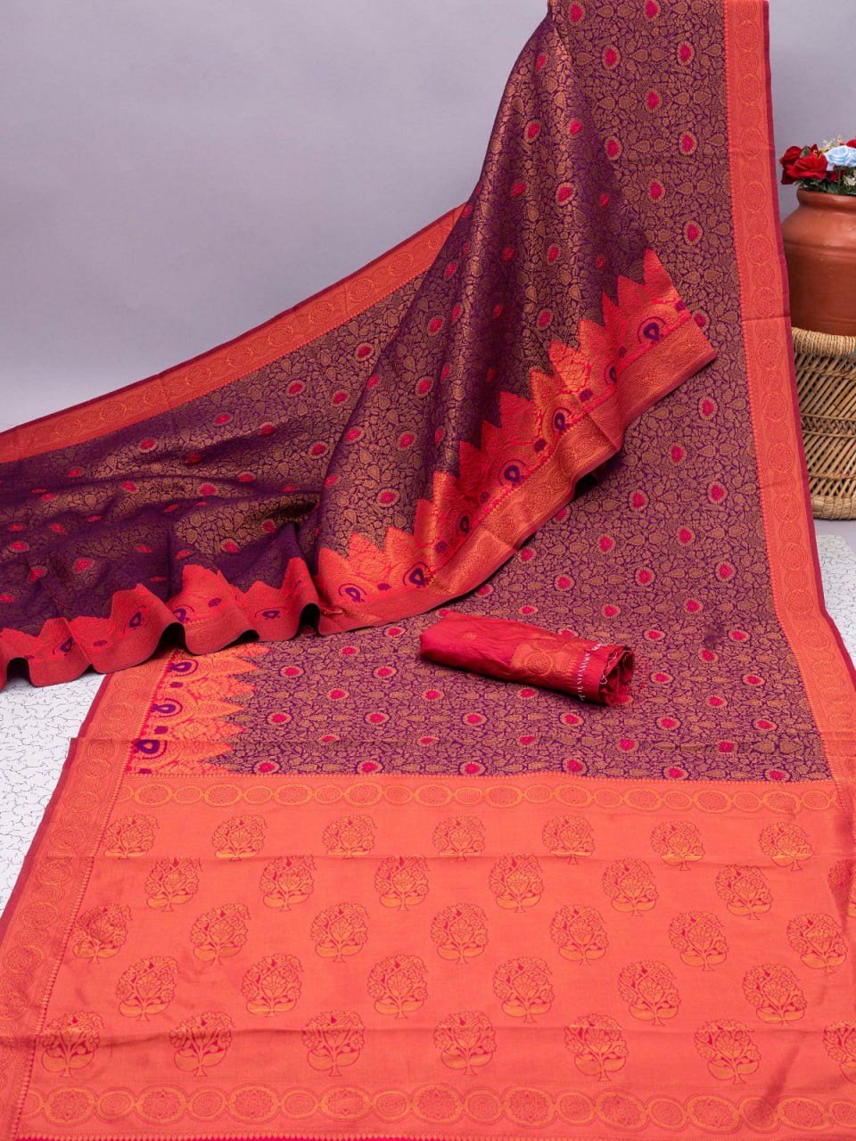 Banarasi Soft Silk Wine Saree with 5.5 Meters of Copper Zari Weaving Colorful Saree