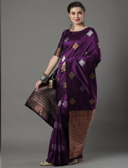 Banarasi Soft Silk Wine Saree with Exquisite Copper & Silver Zari Weaving Colorful Saree