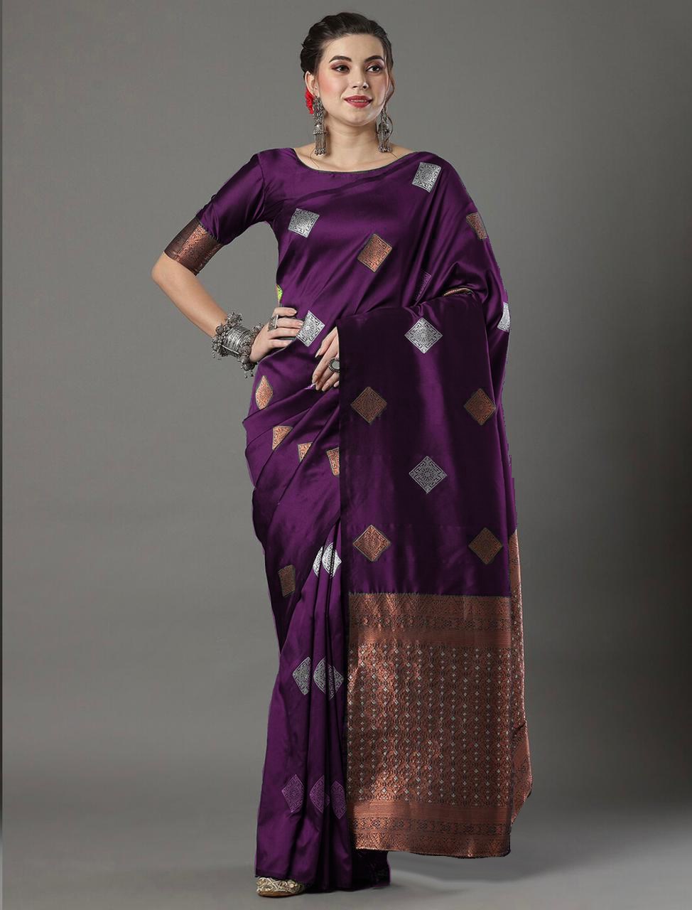 Banarasi Soft Silk Wine Saree with Exquisite Copper & Silver Zari Weaving Colorful Saree