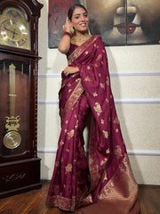 Banarasi Soft Silk Wine Saree with Exquisite Gold Zari Weaving Colorful Saree