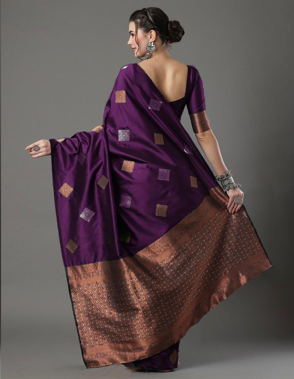 Banarasi Soft Silk Wine Saree with Exquisite Copper & Silver Zari Weaving Colorful Saree