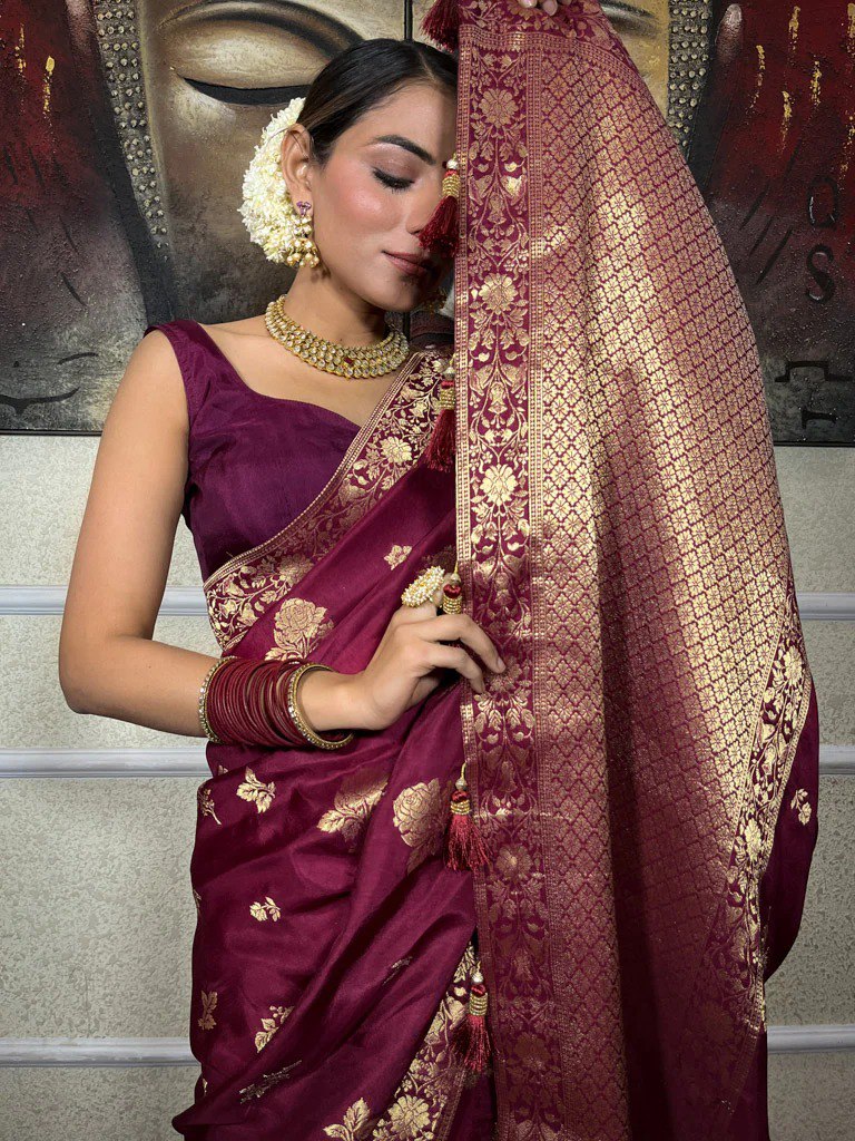 Banarasi Soft Silk Wine Saree with Exquisite Gold Zari Weaving Colorful Saree