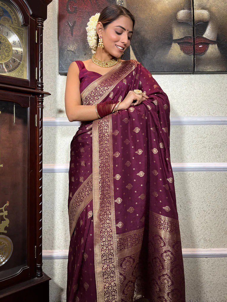 Banarasi Soft Silk Wine Saree with Exquisite Gold Zari Weaving Colorful Saree